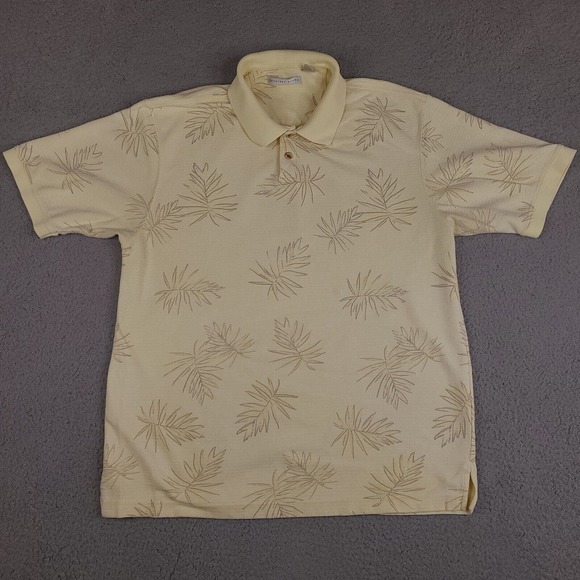 Geoffrey Beene Polo Shirt Mens XL Yellow Beige Striped Hawaiian Short Sleeve - Picture 1 of 13